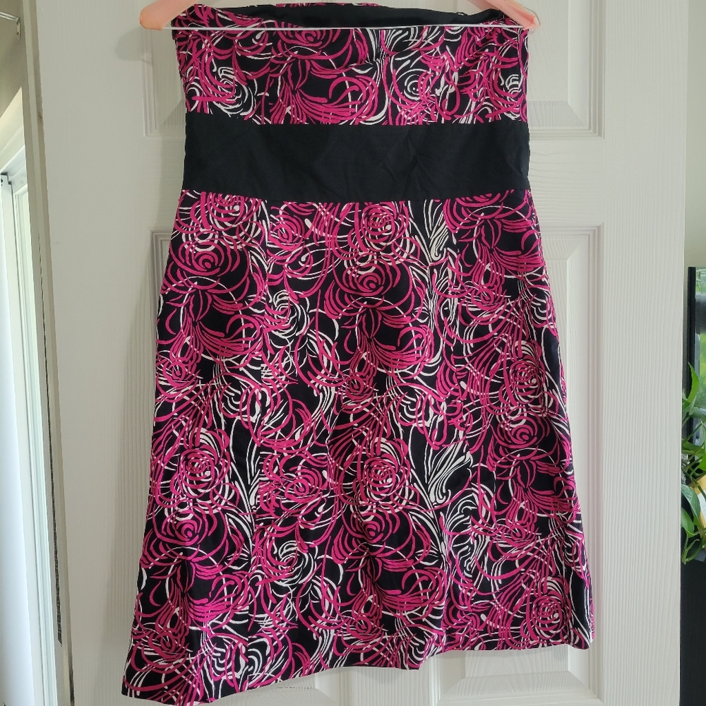 LOFT Strapless Black Pink & White Floral Swirls Dress 10 EUC Abstract Shelf Bra - Picture 4 of 10
